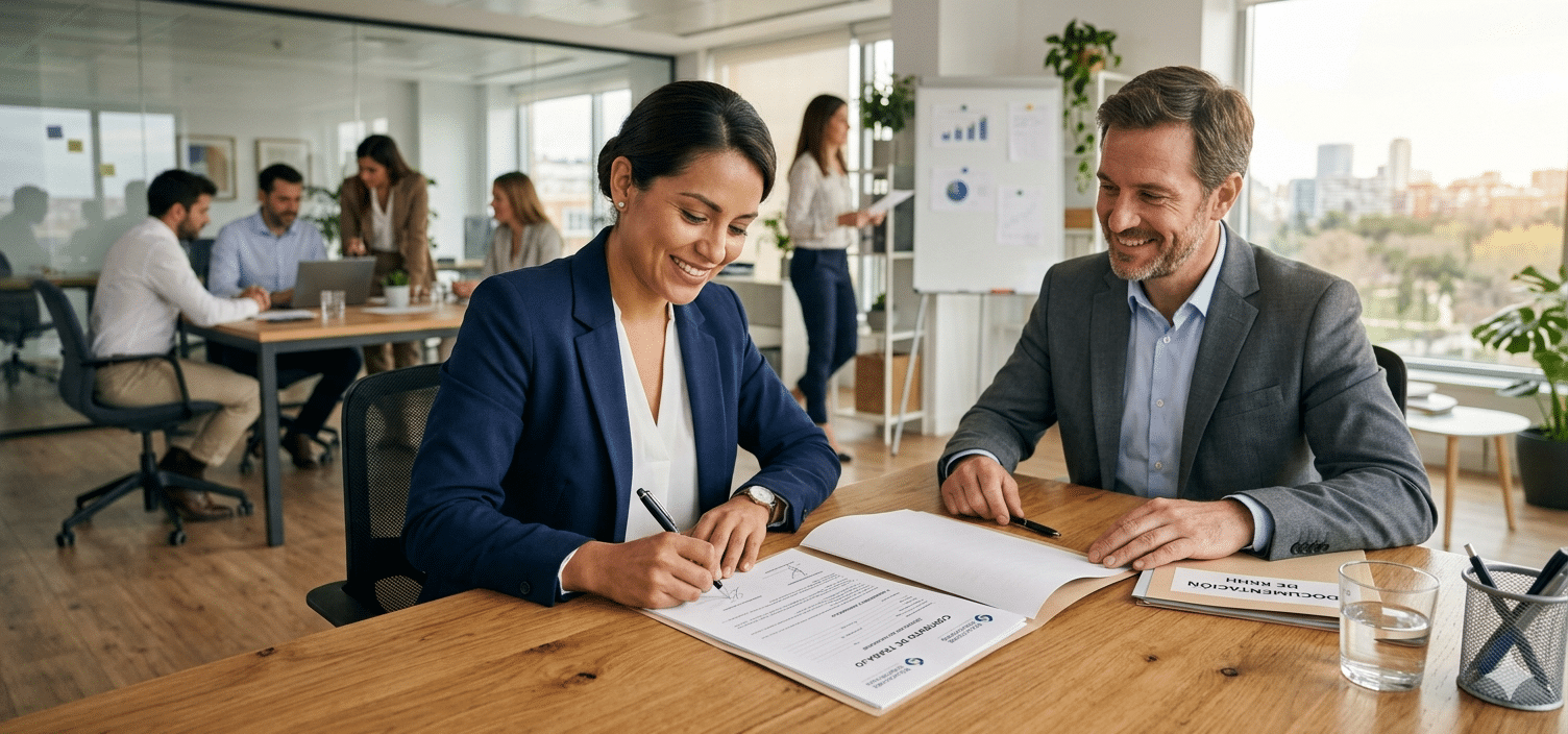 Persona en un entorno profesional, firmando documentación laboral
